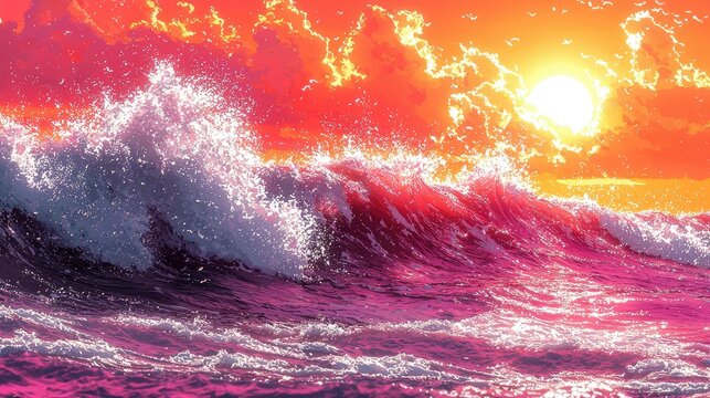 Dramatic ocean wave crashing with brilliant colors and a radiant sun