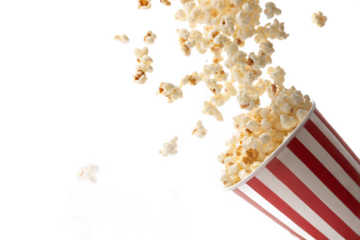 Buttered Popcorn Overflowing from Striped Tub Isolated for Entertainment and Snack Time Visuals.