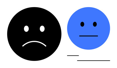 Fototapeta premium Two simple faces representing emotions, one sad and black, the other neutral and blue. Ideal for psychology, emotion, mood, communication, mental health social media visual storytelling. Flat