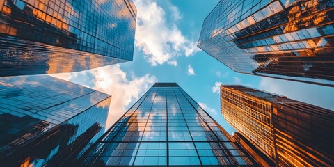 Dramatic Sky Reflected in Sleek Glass Buildings from Below Angle