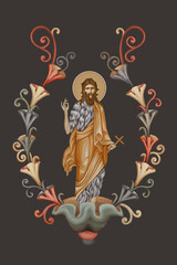 John Baptist, Saint John the Forerunner, Prophet Yahya, John the Baptizer. Decorative vintage floral element, illustration in Byzantine style