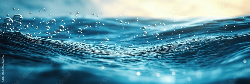 Poster Gentle waves create a shimmering surface as droplets scatter in the air, illuminated by the soft glow of the rising sun at dawn