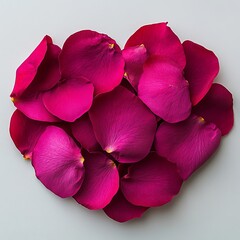 A heart-shaped arrangement of vibrant magenta rose petals on a light background, symbolizing love and beauty.