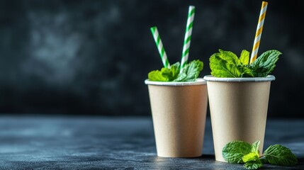 Two paper cups filled with a refreshing beverage topped with fresh mint leaves
