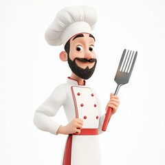 Smiling Cartoon Chef Holding Spatula in White Uniform 3D Render