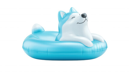 A cheerful inflatable husky floats serenely in a blue pool toy, embodying fun and relaxation. isolated on transparent background