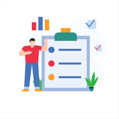 Man Presenting Checklist With Charts And Graphs