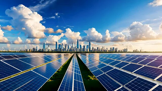 Expansive solar farm with blue photovoltaic panels under a bright sky in a sustainable energy city.
 - Powered by Adobe