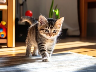Obraz premium Kitten walking on rug, sunlit room, toys