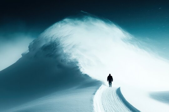 Lone figure walking on snowy path, tranquil winter landscape with soft light and gentle snowfall, space for inspirational text. - Powered by Adobe