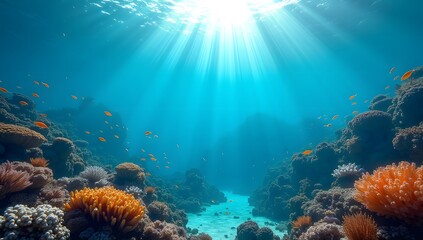 Fototapeta premium Pristine Coral Reef Ecosystem with Sunbeams Filtering Through