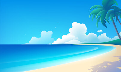 Obraz premium Simple style horizontal landscape illustration beach coconut trees and blue sky white clouds