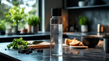 A sleek sparkling water bottle stands on a dark kitchen countertop, encircled by fresh herbs, black olives, chopped vegetables, and natural light filling the space.
