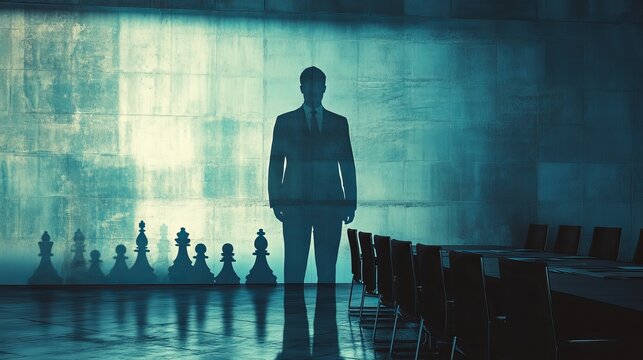 A silhouette of a businessman stands tall against a reflective backdrop, evoking a sense of strategy and power in a boardroom.