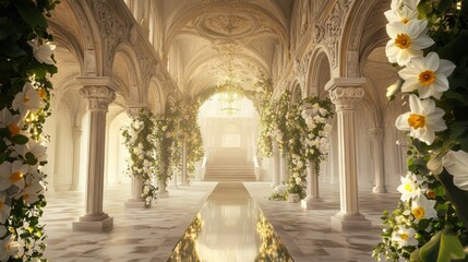 Spring festive marble stairs and arches with daffodil flowers and green leaves decorations, fantasy palace, stone spiral stair with floral garlands, fairytale princess castle interior, AI generated