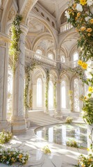 Fototapeta premium Spring festive marble stairs and arches with daffodil flowers and green leaves decorations, fantasy palace, stone spiral stair with floral garlands, fairytale princess castle interior, AI generated