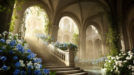 Spring festive marble stairs and arches with blue forget-me-not and daisy flowers decorations, fantasy palace, stone spiral stair with floral garlands, fairytale princess castle interior, AI generated