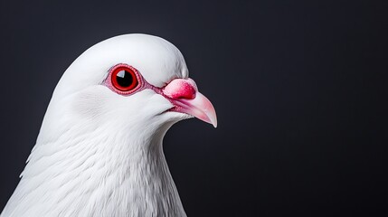 Obraz premium White pigeon stands against a dark gray background, its vibrant red eye and pinkish beak clearly visible in the studio lighting, showing off smooth fe