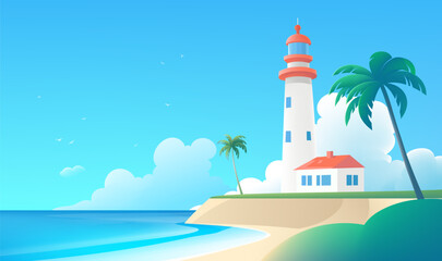 Simple style horizontal landscape illustration of seaside lighthouse