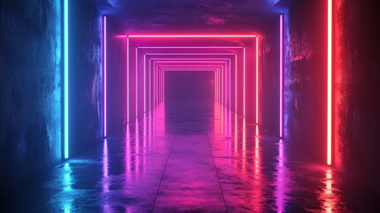Fototapeta premium Illuminated Corridor with Neon Lights Glowing on Concrete Architecture Tunnel