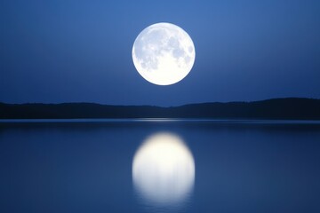 Serene moonlit landscape, large glowing moon reflected on calm water, tranquil night scene with soft blue hues, perfect for relaxation.