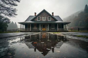 Obraz premium Old house with rainwater dripping from the roof in a foggy landscape 