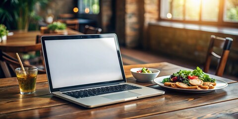 Fototapeta premium Laptop Mockup with Delicious Food Photography, Blank Screen for Design, PNG 24-bit