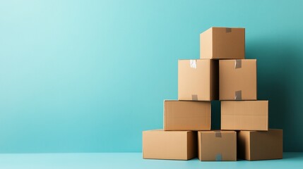Fototapeta premium Stacked cardboard boxes against a blue background for shipping.