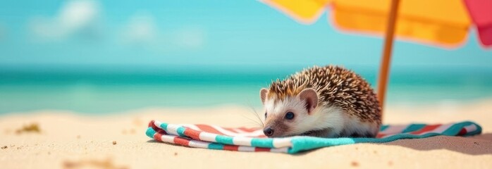 Obraz premium Hedgehog relaxing on towel under beach umbrella enjoying summer vacation