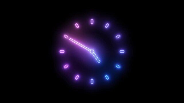 Glowing rainbow colors simple minimalist analog clock isolated animation on a black background