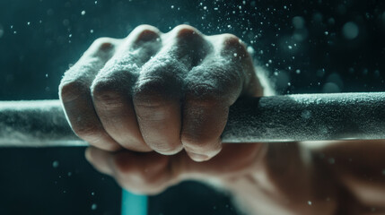 Fototapeta premium A determined athlete firmly grips a barbell covered in chalk, focusing on strength training. The gym's dramatic lighting highlights the intensity and effort involved in the workout
