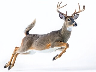 Fototapeta premium Jumping White-Tailed Deer Isolated on White Background - Wildlife Stock Photo