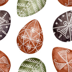 Pysankas Seamless Pattern. Beautiful watercolor pattern of eggs with folk patterns. Perfect for use in cultural projects with Easter themes for wallpaper, banners, textiles, postcards