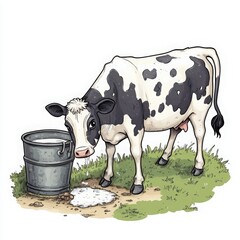 Black and White Cow Drinking from Metal Bucket in Grassy Field