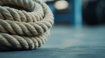 Fototapeta premium A thick, coiled rope lies on a gym floor, showcasing its texture and detail. The background features blurred exercise equipment, indicating a fitness environment during daylight