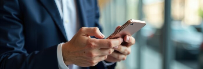 Obraz premium Businessman using smartphone, browsing internet, reading news, modern office background