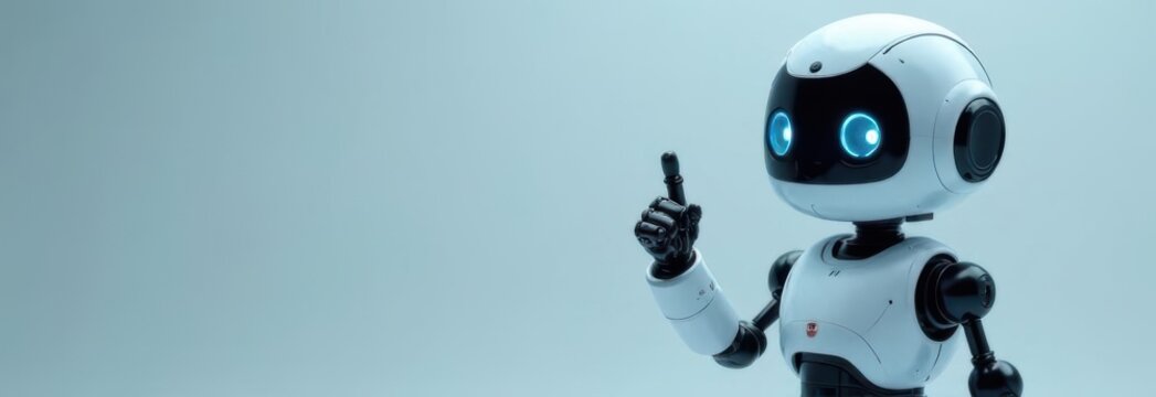 Cute robot pointing finger up showing copyspace for your text banner