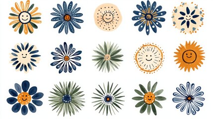 Fun laughter positivity burst. A colorful illustration of various smiling flowers, each with unique designs and cheerful expressions, creating a vibrant and joyful pattern.