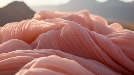 Obraz premium Pink fabric flowing in the desert, with mountains