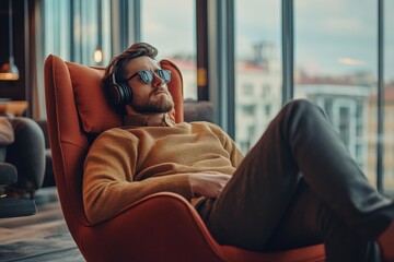 Obraz premium Relaxing man enjoys music in a cozy chair with city view during afternoon indoors