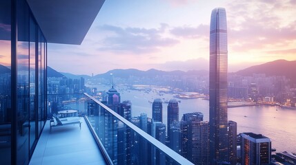 Sunset view from a modern balcony overlooking a city skyline.
