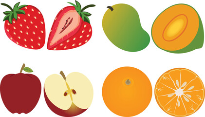 Vector set of sliced ​​strawberries, apples, mangoes and oranges. Fruits contain vitamins. Flat design style