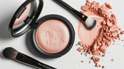 Woman, makeup brush and blush in studio, beauty and grooming products on white background. Female person, cosmetics tools and foundation or highlighter powder, skincare and facial treatment for glow