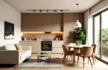 Fototapeta premium a beautiful studio apartment, which has a living room, a kitchen and a dining table in the same zone with a deaf wall. The main products are background, background, indoor, interior.