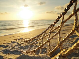 Obraz premium Hammock at sunset by the sea. Serene beach scene with the sun setting on the horizon. Focus on rope. Warm light and tranquil atmosphere.