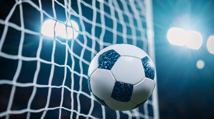 Naklejka premium A soccer ball is shown in mid-air as it makes contact with the net, capturing the excitement of a crucial goal in a competitive match at a well-lit stadium