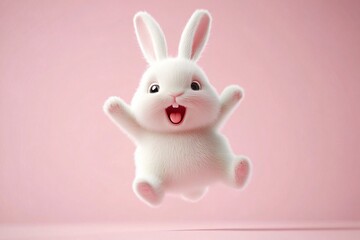 Obraz premium Joyful cartoon bunny mid-jump on a soft pink background, ideal for Easter and spring designs, children's products, or cheerful invitations.