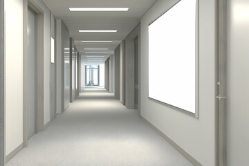 Fototapeta premium A 3D rendering of a modern office corridor with a blank light wall, offering space for a poster or design.