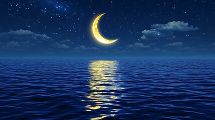 Naklejka premium Night sky over tranquil ocean with crescent