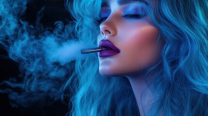 Obraz premium Woman with vibrant blue hair and purple lips exhales smoke